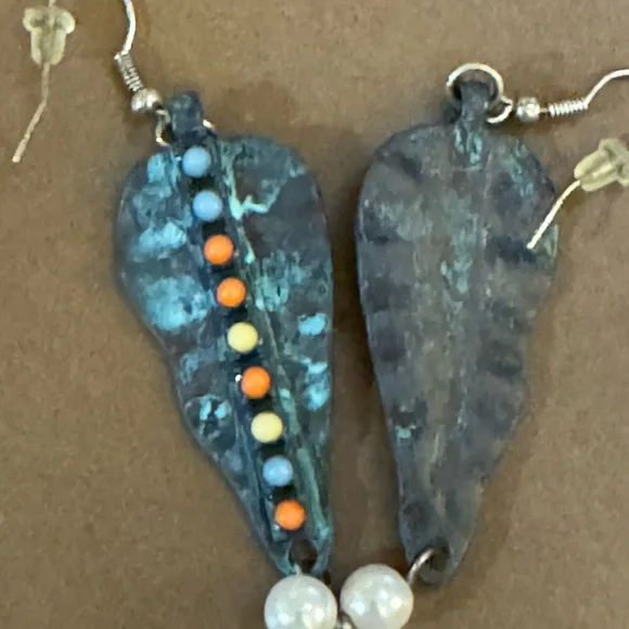 Handcrafted Artisan Blue Patina Metal and Beaded Leaf Earrings - Picture 2 of 4